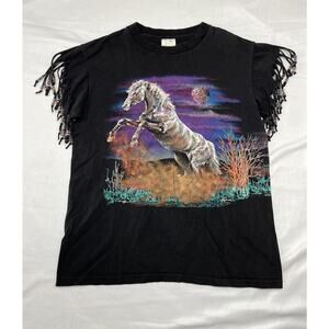 Vtg 90s Hazelwoods Horse Painted Black T-Shirt Made Beads USA Single Stitch